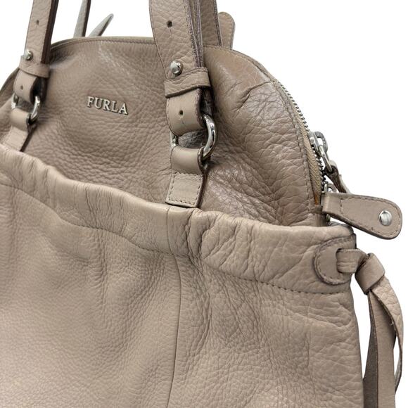 Furla Taupe Pebbled Leather Large Satchel Tote Bag – Classic Italian Designer - Picture 3 of 9